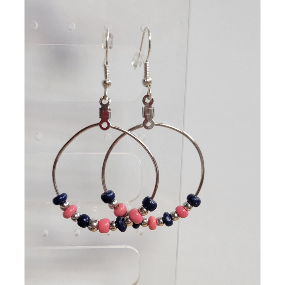 Handmade Blue Pink Glass Bead Hoop Earrings